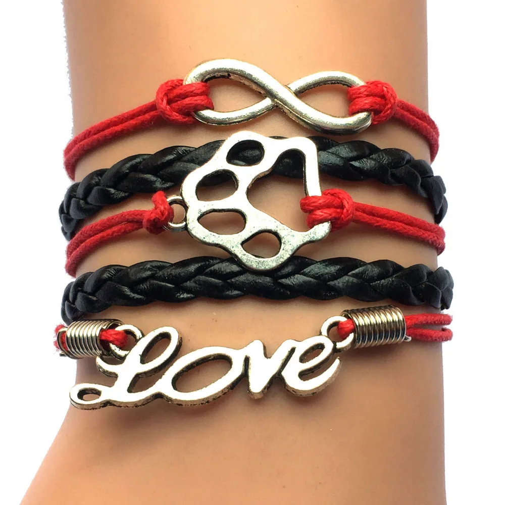 

Drop Shipping Infinity Love Tiger Paw Charm Multilayer Handmade Leather Wrapped Puppy Bracelet Gift for Pet Print Lovers Friend