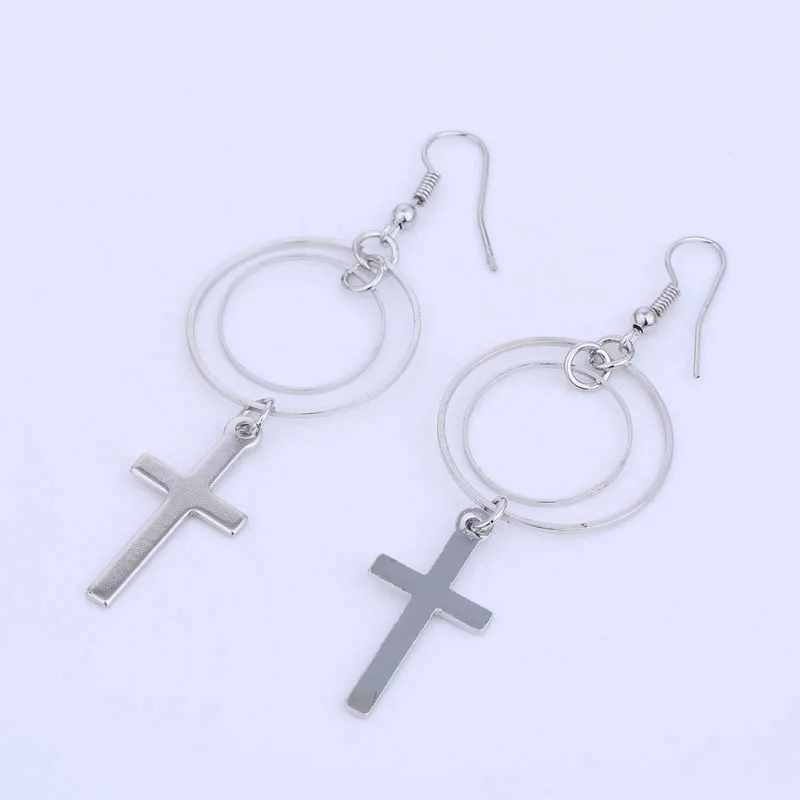 Long Dangle Cross Earrings Gold Color and Silver Plated Metal Women Fashion Jewelry Double Circle Round Hanging Cross Earrings (3)