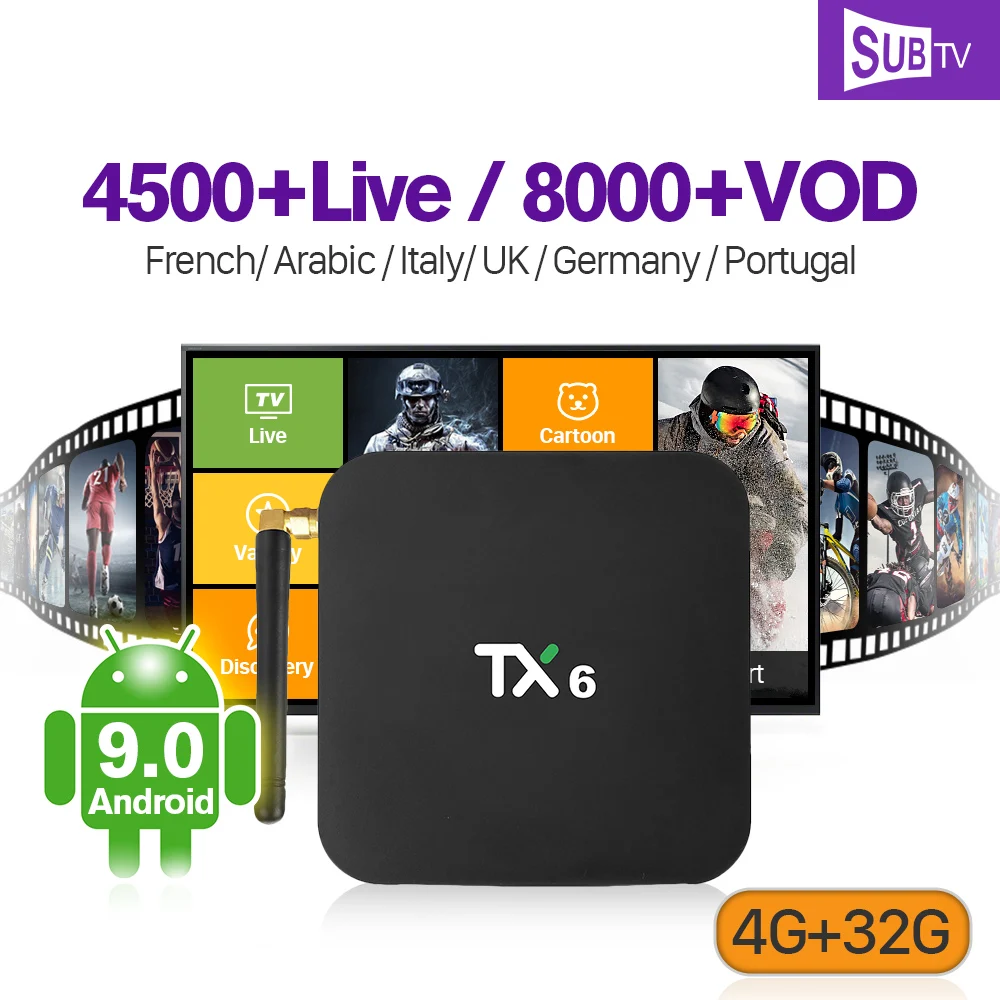 

Android 9.0 IPTV France Arabic Box TX6 4+32G BT5.0 Dual-Band WIFI IPTV 1 Year SANSAT Subscription 4K Arabic France IPTV Receiver