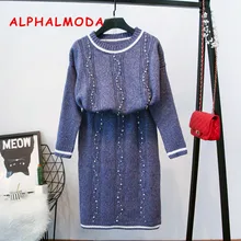 ALPHALMODA,, Conjunto Feminino, тяжелая работа, кристалл, роскошные костюмы, женский элегантный свитер, юбка, наборы,, женские костюмы