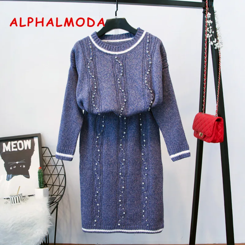 

ALPHALMODA 2018 Conjunto Feminino Heavy Work Crystal Luxury Suits the Feminine Elegant Sweater Skirt Sets 2018 Women Costumes