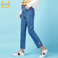 LEIJIJEANS 2019 Новое поступление выстрел в высокой талии тонкие прямые капри женские джинсы стиль женские прямые Большие размеры женские джинсы