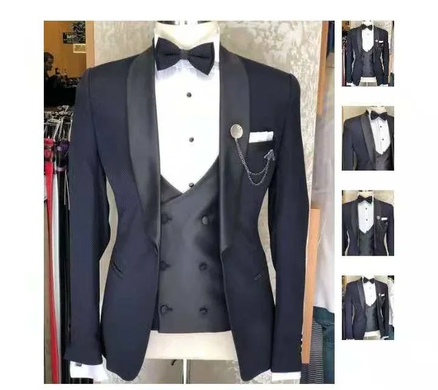 Navy Blue Suit Men Slim Fit Groom Tuxedo Wedding Suits for Men Shawl Lapel Formal Party Prom Blazer Suit Terno Masculino 3 Piece