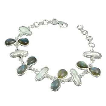 

NiaoZaiFei YunZaiKan Genuine Labradorite + Biwa Pearl Bracelet 925 Sterling Silver, 20 cm,2SBR0016