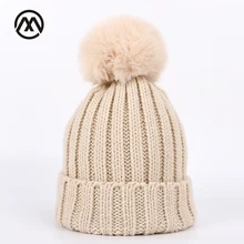 Однотонные вязаные хлопковые шапки для девочек, теплые лыжные шапки с помпонами, новые детские шапки из искусственного меха на осень и зиму для мальчиков и девочек