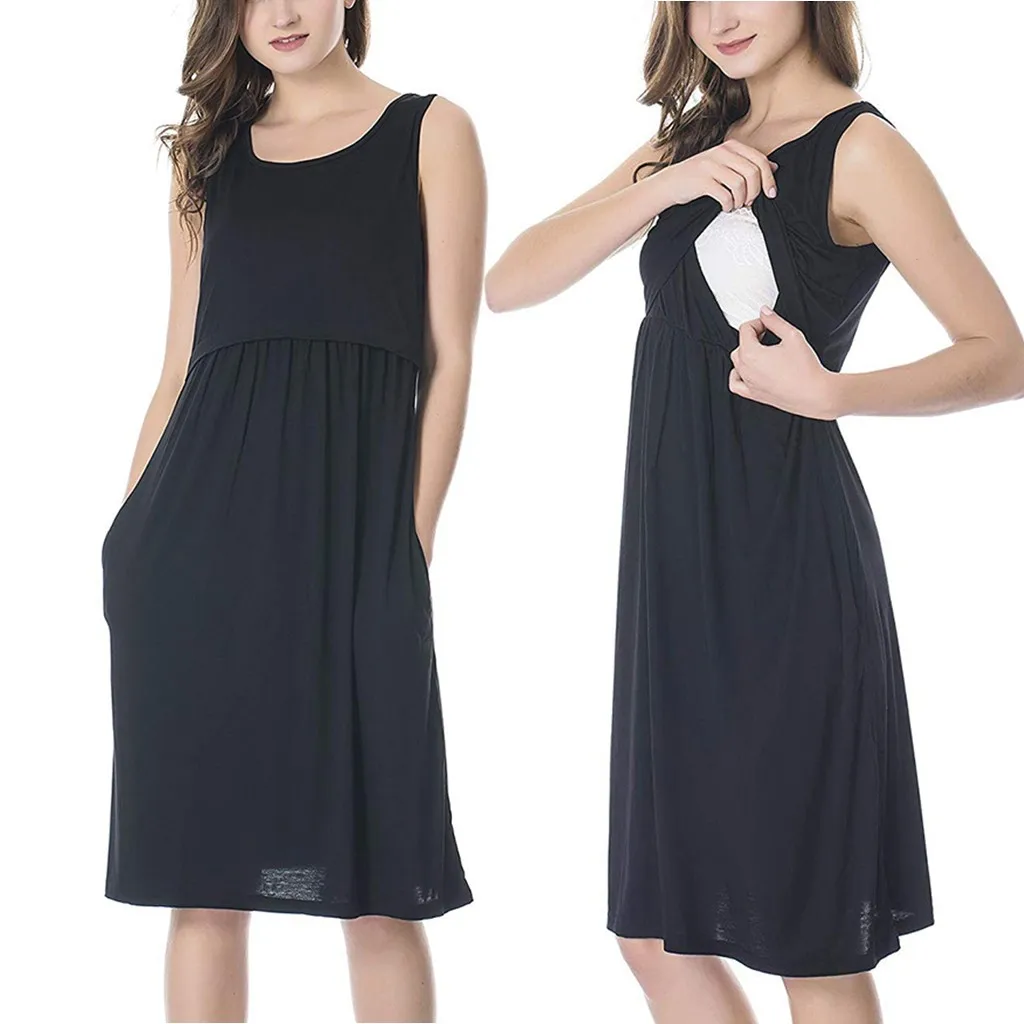 

Women Maternity Gown Breastfeeding Dress Sleeveless With Pockets Nursing Nightdress Maternity Dresses Evening Vestido Lactancia