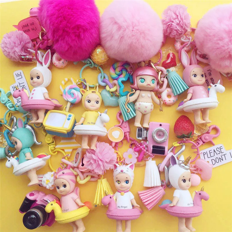 

Cartoon Cute Doll Animal Angel Baby Keychain Key Rings Swimming Ring Pompom Charm Key Chains Women Car Bag Key Holder