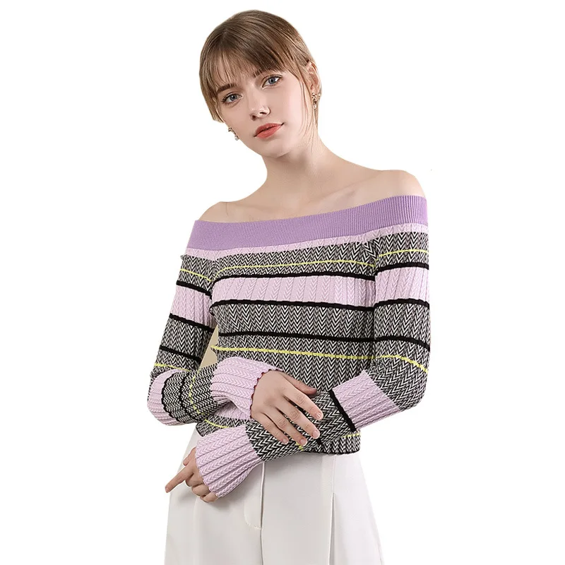 Striped print patchwork off shoulder slash neck elastic knit pullovers sweater shirts 2018 new women autumn short sweater 