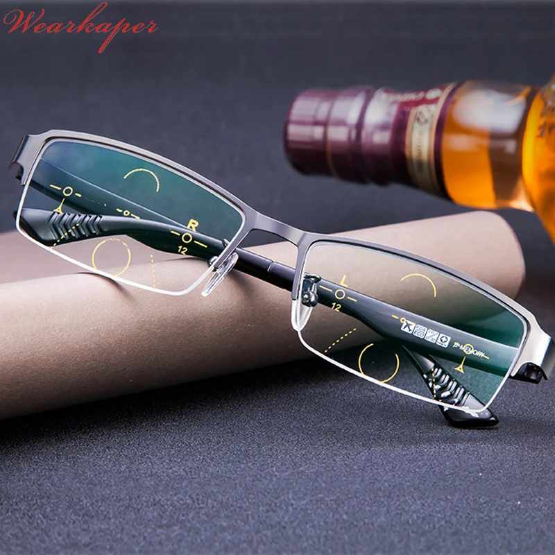

WEARKAPER Titanium Alloy Quality Multifocal lenses Reading Glasses Men Fashion Half Rim Progressive Glasses diopter glasses