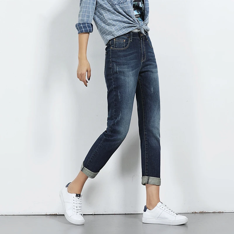 LEIJIJEANS Hot Sale Autumn Plus Size Moustache Effect Ripped Bleached Mid Waist Full Length Women Straight Stretch Jeans 5640