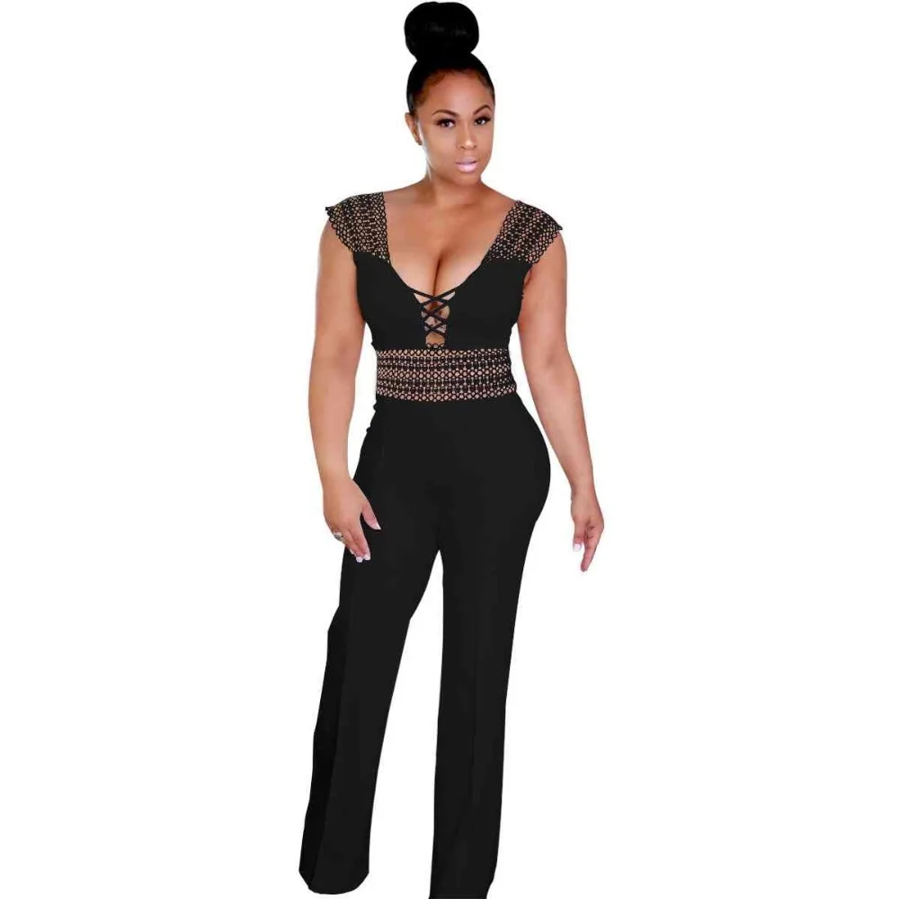 #1526 Casual Wide Leg Jumpsuit Solid Color Summer Lace