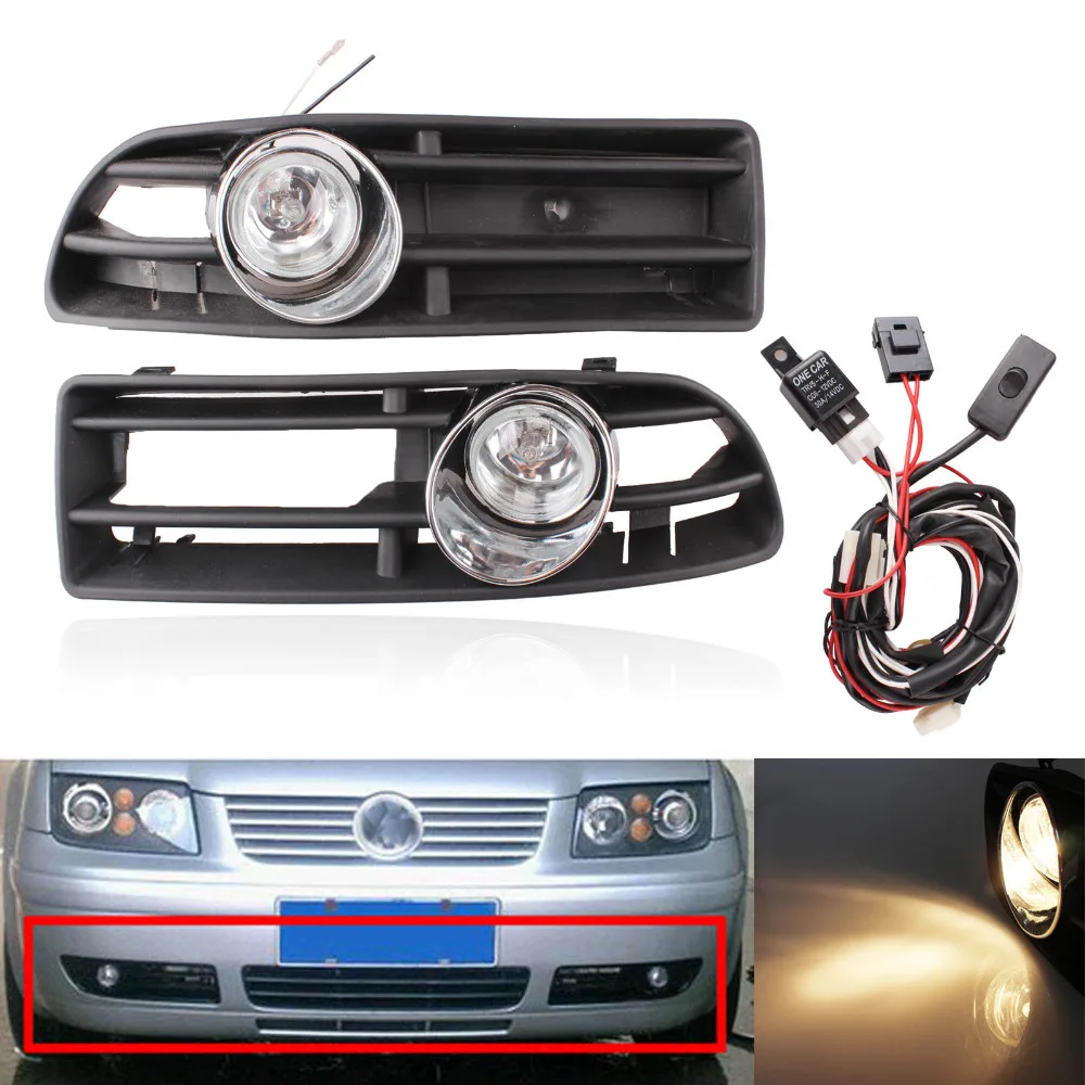 2PCS Bumper Grille Grill Driving Fog Lamp Lights Switch Harness For VW JETTA BORA MK4 TDI 1999-2004 Black 