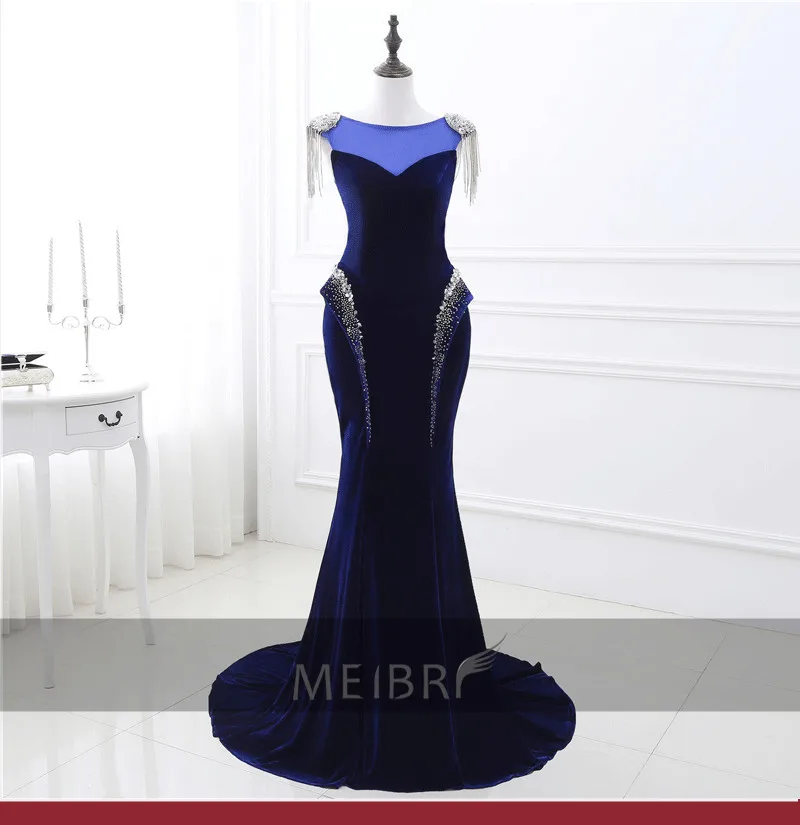 

new style real picture beading crystal vestido de noiva 2017 sexy vestidos Navy blue velvet evening dress long robe de soiree