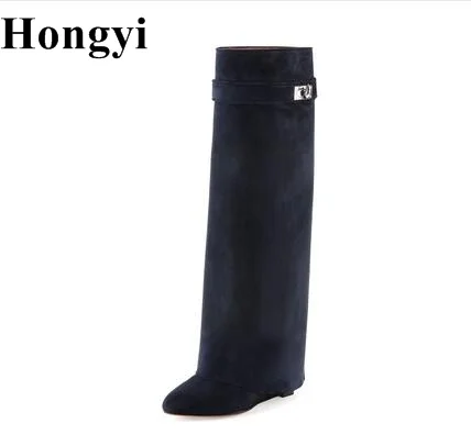 

Autumn Winter Leather Boots Woman Wedge Heeled over the knee knight boots women thick heeled riding motorcycle leather booty