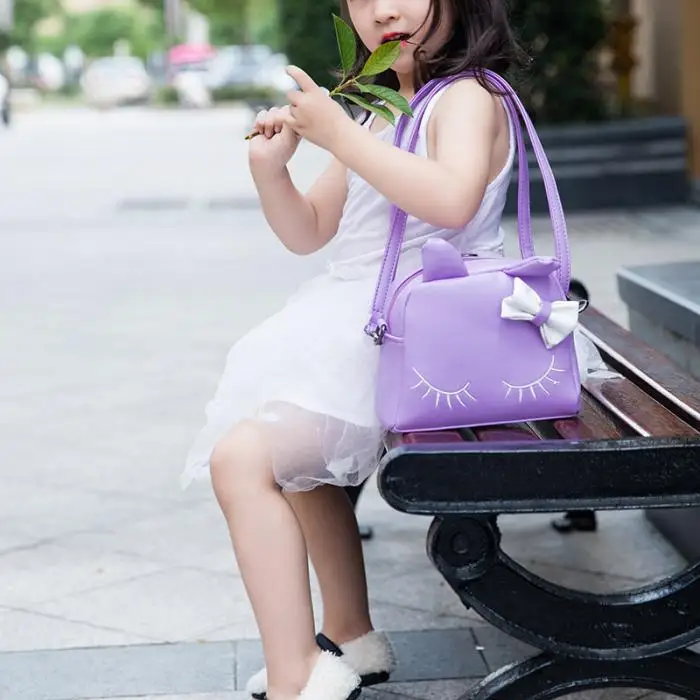 New Sweet Girl Shoulder Bag PU Leather Zipper Cute Cat Bow Handbag Kids Casual Bags WML99