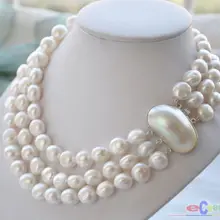Ювелирные изделия из натурального жемчуга 3 ряда 15 мм барокко белый пресноводный жемчуг ожерелье MABE Свадебный серебряный крючок серебро-ювелирные изделия