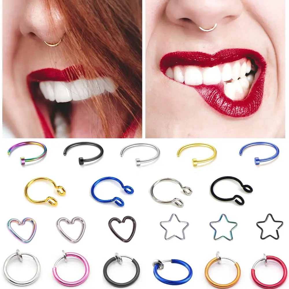 

1 pc Fake Nose Ring Goth Punk Lip Ear Nose Clip On Fake Septum Piercing Nose Ring Hoop Lip Hoop Rings Earrings