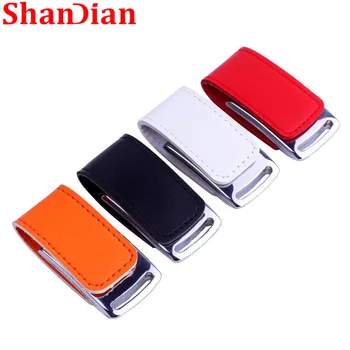 

SHANDIAN Genuine Leather & metal keyring chain USB flash drive fashion creativo USB 2.0 memory stick 64GB 32GB Flash drive pen