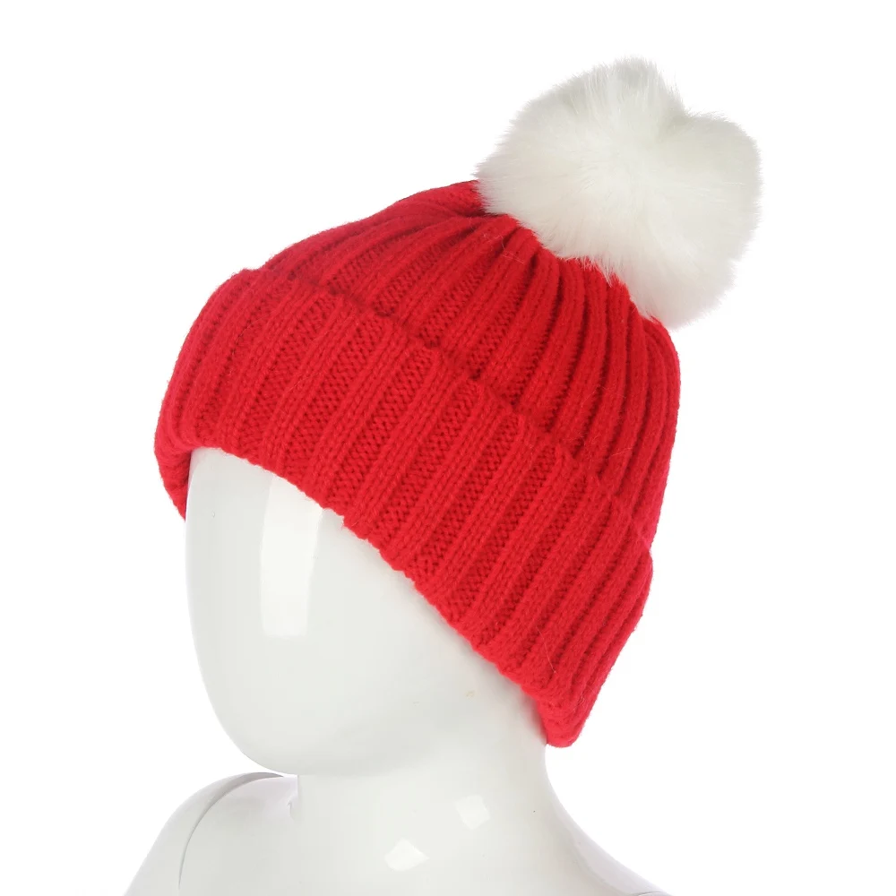 FOXMOTHER/ новые модные зимние трикотажные шапки без полей шапки с меховым помпоном для детей, мальчиков и девочек - Цвет: Красный