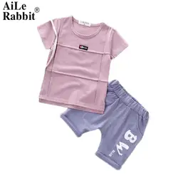 AiLe Rabbit/Детский костюм с короткими рукавами летняя Корейская футболка для маленьких девочек и мальчиков 1-2-4 лет, шорты Комплект из двух