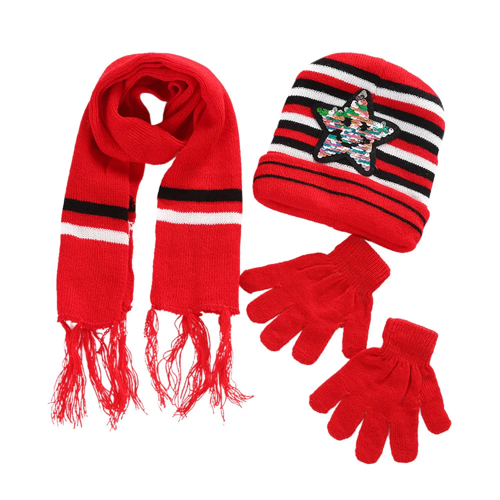 

Children Crochet Hat Fur Woolen Knit Warm Caps+Scarf+Gloves Suit Winter Children warming kit sep5