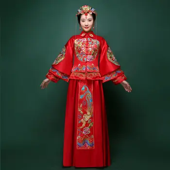 

Flare Sleeve Elegant Female Cheongsam Chinese Gown Women Novelty Turn-down Collar Qipao Embroidery Phoenix Royal Wedding Dress