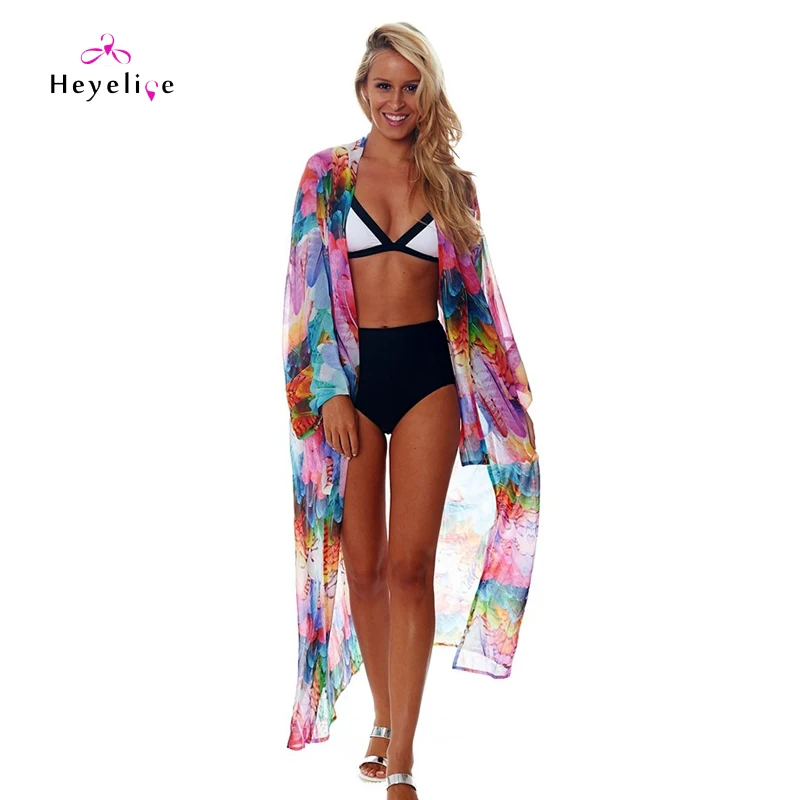 

Beach Wear Long Print Chiffon Dress Women Bikini Cover-Up Long Sleeves Summer Dress 2019 New Long Tunic Beach Dress Cover Sarong