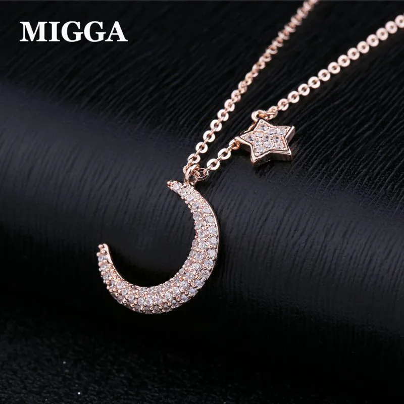 

MIGGA Rose Gold Color Cubic Zirconia Crystal Star Moon Pendant Necklace Fashion Women Party Gift Jewelry