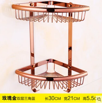 

Top quality brass rose gold double tiers bathroom shelves with robe hook basket holder bathroom soap holder bath shampoo shelf