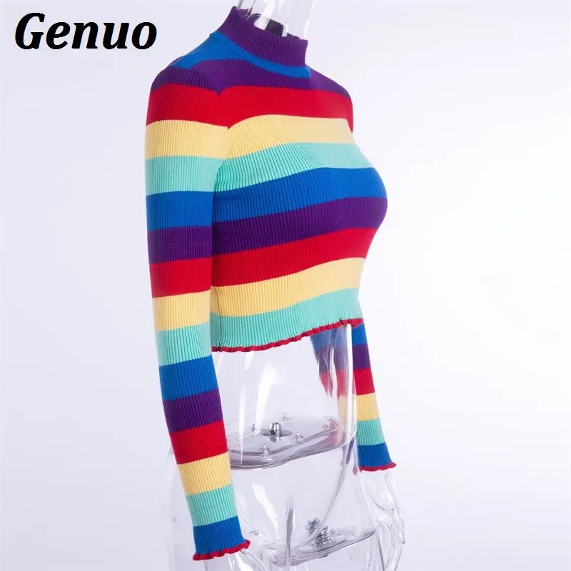 Genuo Autumn Winter Knitted Sweater Crop Tops Color Block Stripe Long Sleeve Casual Knitted Pullover Jumpers pull femme hiver