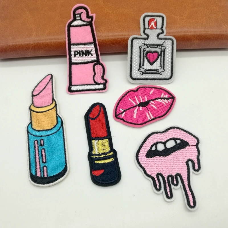 Lipstick Perfume Lips Embroidered Patches iron on Appliques Clothing DIY Accessories for Jean
