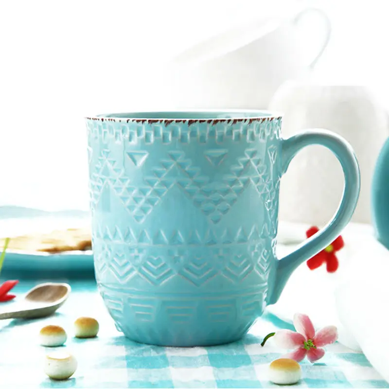 360ml Embossed Glazed Ceramic Mug Tea Cup with Handle Elegant Stoneware Coffee Mug Drinkware for Milk
