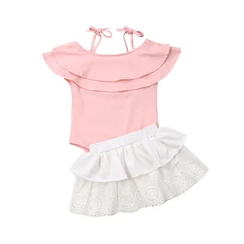 

Sweet Baby Girl Clothes Pink Off Shoulder Romper Tops+ Tutu Skirt Outfit 2pcs Girls Clothes