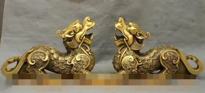 

S7359 16" Chinese FengShui Pure Bronze RuYi Wealth Coin PiXiu Lion Unicorn Statue Pair D0318