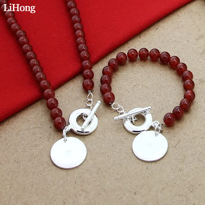 

Fashion 925 Silver Jewelry 8mm Brown Shell Pearl Necklace Bracelet Two-Piece For Women Pop Round Wedding Party Gift