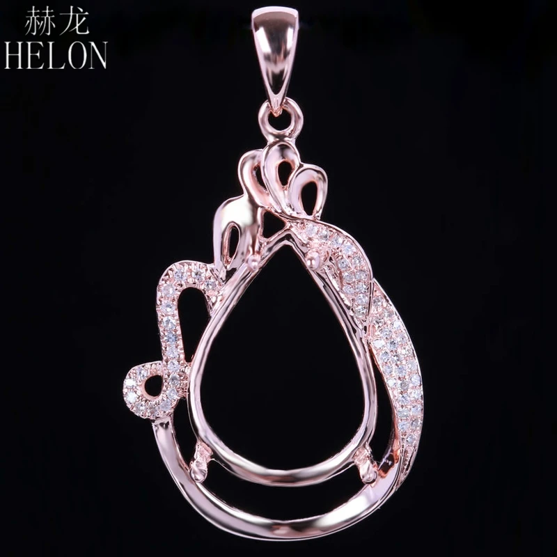 

HELON Solid10k Rose Gold Genuine Natural Diamond Semi Mount Wedding Pendant 10.5x16-11.5x17mm Pear Cabochon Fine Jewelry Setting