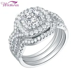 Wuziben 3 шт. 925 серебро Halo Свадебные обручальные кольца свадебный набор для женщин 2.1Ct круглая огранка AAA циркон классические ювелирные изделия
