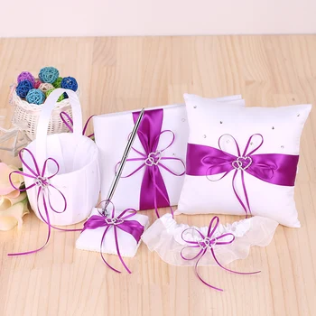 

5pcs/set Wedding Supplies Double Heart Satin Flower Girl Basket 7X7 inches Ring Bearer Pillow Guest Book Pen Holder Bride Garter