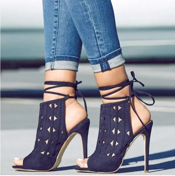 

Hot Selling Blue Suede Hollow Ladies Shoes and Sandals Cross Ankle Wrap Tie-up Women Sandals 2019 Summer Dress Shoes Plus Size