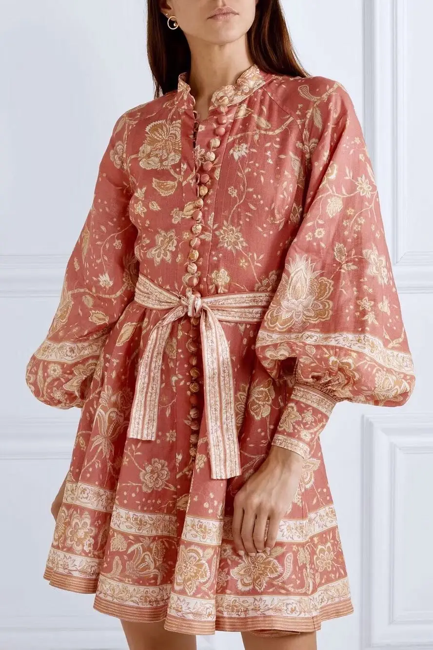 

Women Linen Print Lantern Sleeve Single-breasted Button Mini Dress