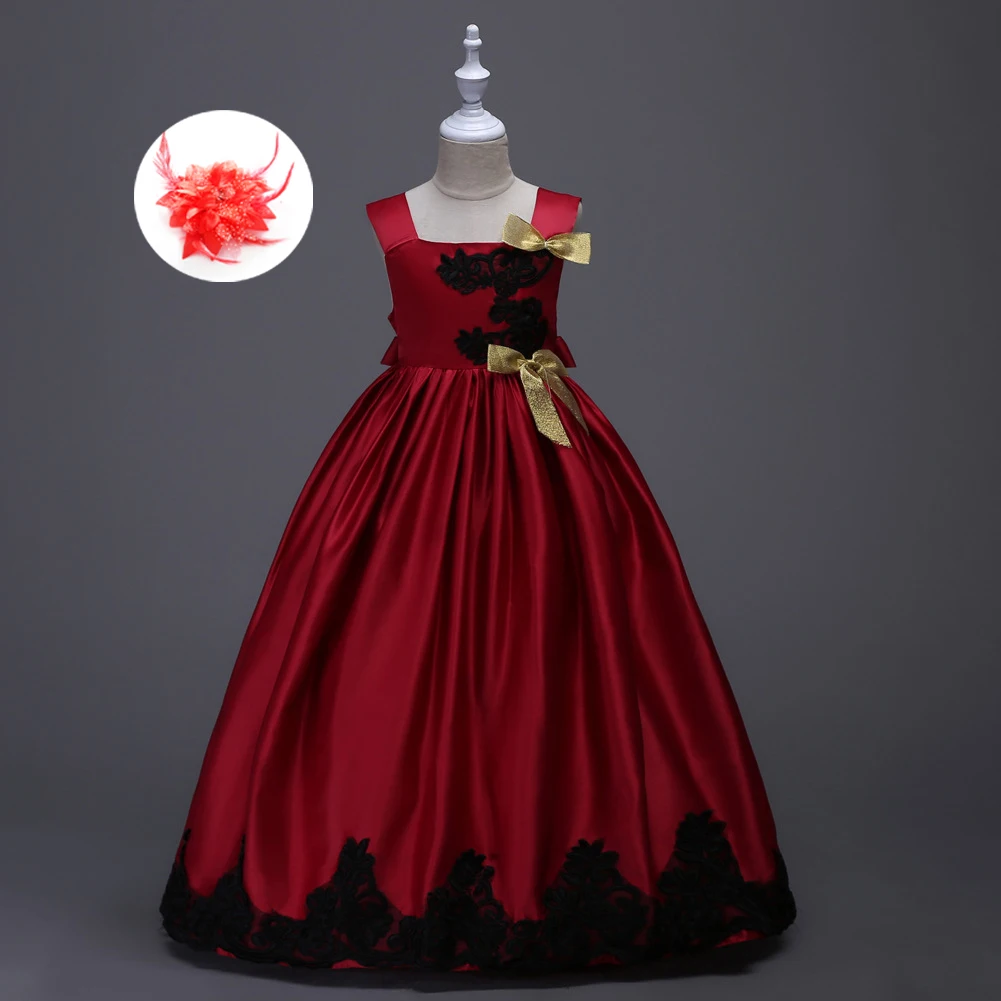 

Girls Elegant Party Clothing Princess Wedding Gown Girls Long Dress Size 4 To 14 Kids Evening Wine Dresses Formal Children