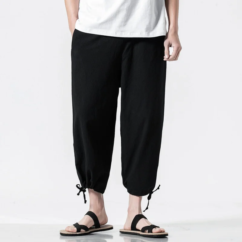 summer 5XL Chinese style cotton and linen trousers men's youth loose beam pants Cropped trousers Chinese casual male pants