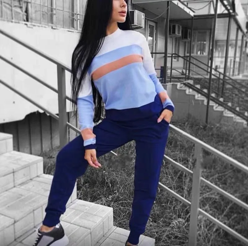 

Women Knitted Tracksuit Pullove Sweater and Pants 2 Pieces Sets multicolor knitted sports suit Striped 2019 women's sports suit