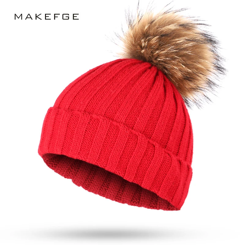 15 Colors Real Raccoon Fur Pompom Thick Warm Winter Women Red Hat Knit Bobble Female Cap With Fur Pom Pom Lady Fur Ball Beanie Women S Skullies Beanies Aliexpress