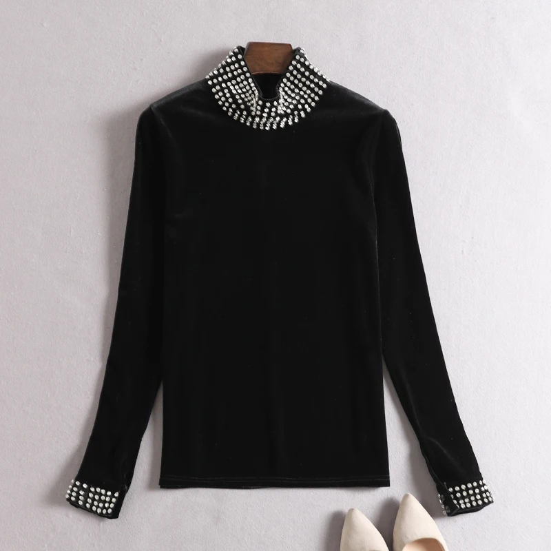 

PHOEBE HZ 2018 Autumn Winter New Black Thin High Collar Shirt Female Jinsirong Thin T-Shirt Turtleneck Tee Diamonds