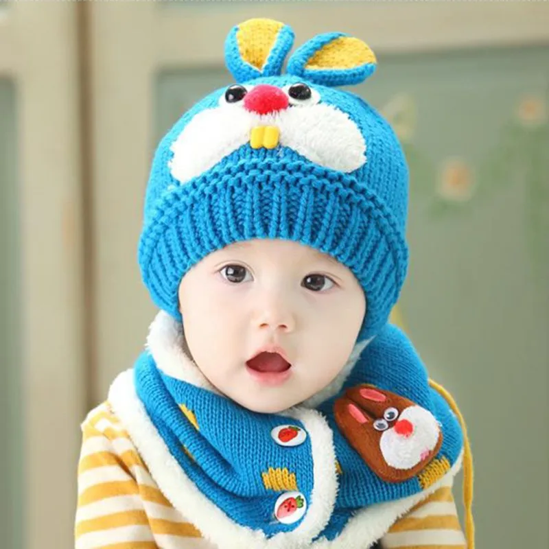 Kids Hat For Girls Boys Winter Warm Baby Accessories Set Cartoon Beanie Caps+Scarfs Baby Cap Suits