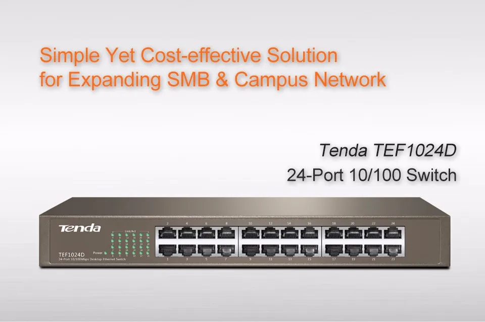 Tenda TEF1024D 24 Порты и разъёмы 10/100 м Enternet сетевой коммутатор, 4,8 Гбит/с, Auto MDI/MDI-X, половина/полный дуплекс, 6KV молниезащиты