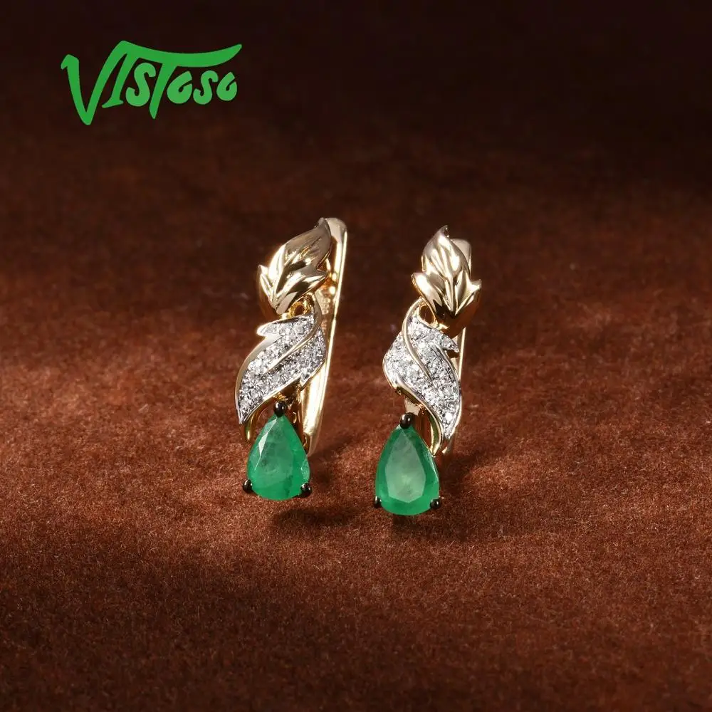 Женские серьги VISTOSO Pure 14K 585 желтое золото гламурные изумрудные сверкающие