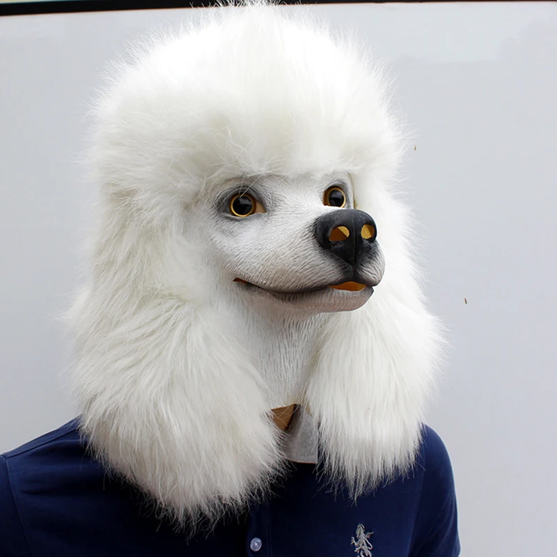 Рождественские Вечерние Маски белого пуделя в виде головы собаки, латексные маски для косплея животных, маскарадные маски для взрослых, Забавный костюм, реквизит