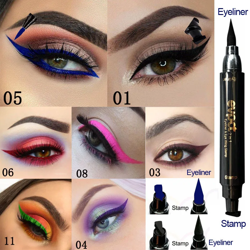 Evpct 2 в 1 жидкая матовая подводка для глаз штамп ручка красочная тонкая крыловая печать черный блеск синий коричневый подводка для глаз карандаш макияж для глаз TSLM1